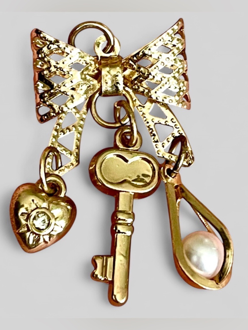 Vintage Gold Bow Charm Pendant Key Heart Pearl Drop Rhinestone Coquette Chic EUC
